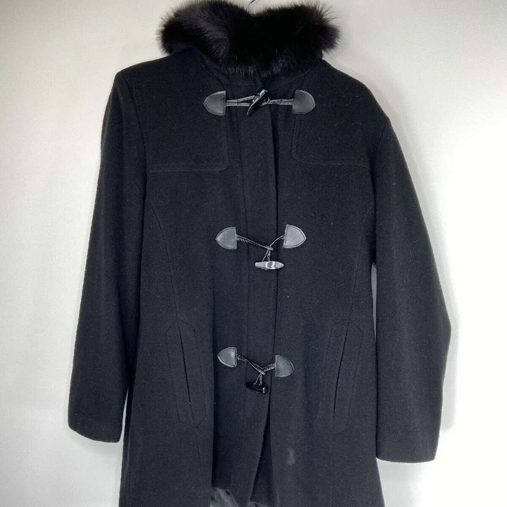 Pendleton Womens Black Pea Coat Fox Fur Lined Hood